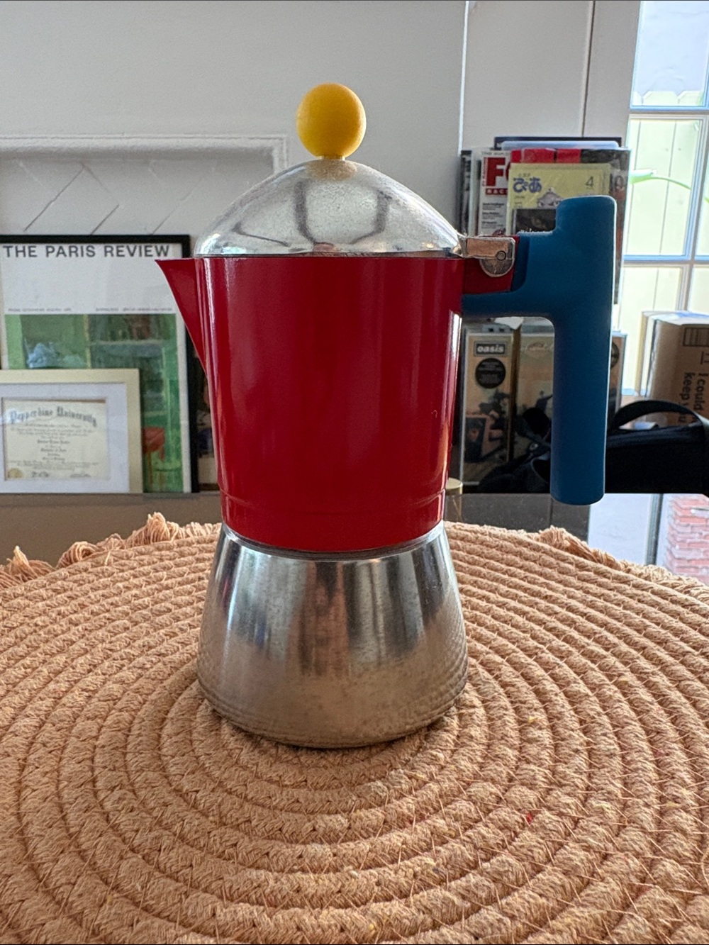 Red Stovetop Espresso Maker French Press with Blue Handle and Yellow Knob